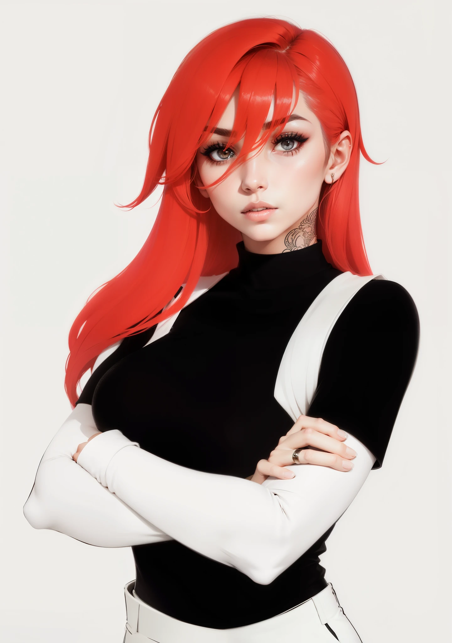 Mulher elfa de cabelos ruivos, ponytail, wearing a black shirt with arms crossed and white pants, seios vastos, e uma marca no rosto