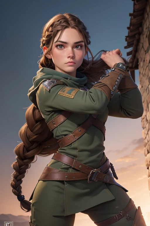 (Obra maestra, La mejor calidad) (young warrior woman of nordic descent), (combat position) (ojos verdes), (Muscular), (falda de piel), (brown hair color),(loose hair with small braids on the scalp), (top con correa de cuero) plumas, capa sobre el hombro, bufas, (azul, gray and brown suit).