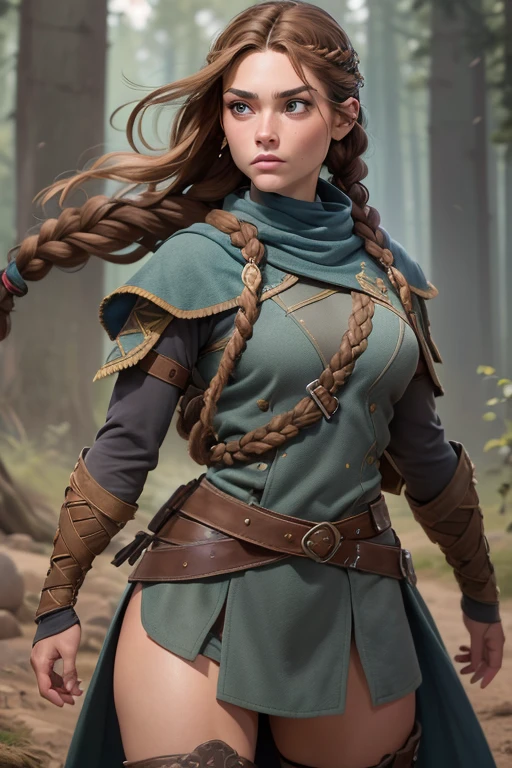 (Obra maestra, La mejor calidad) (young warrior woman of nordic descent), (combat position)  (ojos verdes), (Muscular), (falda de piel), (brown hair color),(loose hair with small braids on the scalp), (top con correa de cuero) plumas, capa sobre el hombro, bufas, (azul, gray and brown suit).
