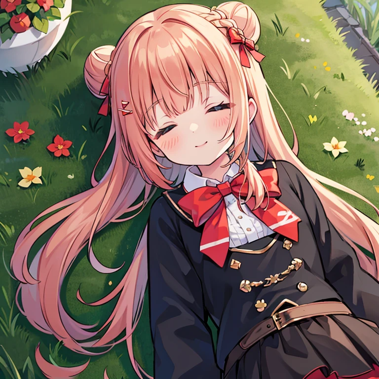 masterpiece, highest quality, Femonica, bun hair, Braid, red bow, black jacket, black skirt, Red pantyhose, Upper body, From above, sleeping on one's back, Grass, looking at the viewer, tired, smile, garden