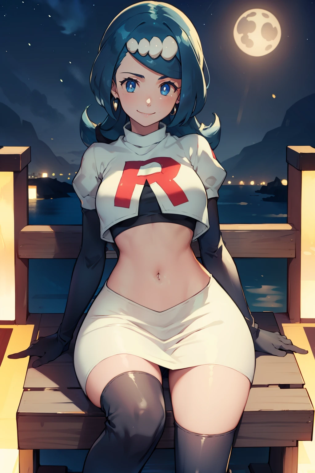 lanamother, long hair, blue hair, white pupils, hair ornament, ,earrings, glossy lips ,team rocket uniform, red letter R, white skirt,white crop top,black thigh-high boots, black elbow gloves, evil smile, sitting down ,legs crossed, night sky background