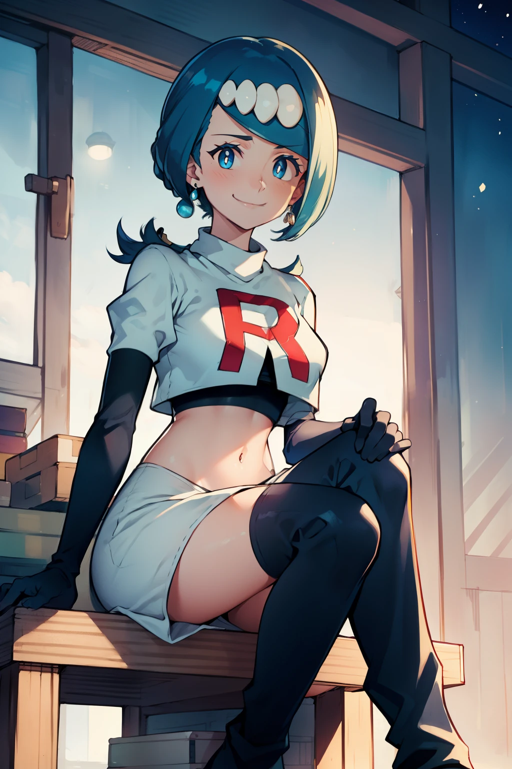 lanamother, long hair, blue hair, white pupils, hair ornament, ,earrings, glossy lips ,team rocket uniform, red letter R, white skirt,white crop top,black thigh-high boots, black elbow gloves, evil smile, sitting down ,legs crossed, night sky background