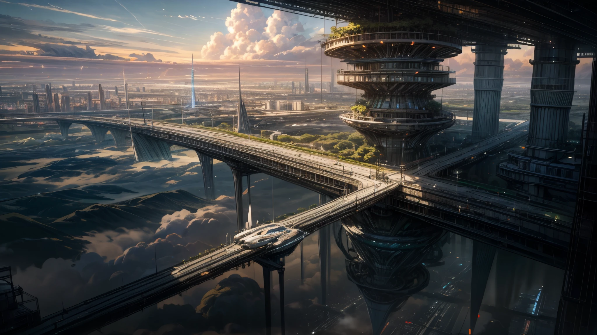 (Best quality,4K,8K,A high resolution,Masterpiece:1.2),Ultra-detailed,(Realistic,Photorealistic,photo-realistic:1.37),Futuristic floating city,Futuristic technology,Huge urban high-tech tablet platform,Airship,Floating in the sky,Futuristic city,Small airships around,High-tech hemispherical platform,Colorful lights,Advanced architecture,modernn architecture,skyscrapper,Access the cloud,Scenic beauty,view over city,Impressive design,Blend seamlessly with nature,energetic and vibrant atmosphere,Futuristic transportation system,Parking is suspended,Transparent path,Lush greenery,Sky gardens,cascading waterfalls,Magnificent skyline,reflections on the water,Sparkling river,Architectural innovation,futuristic skyscrapers,Transparent dome,The shape of the building is unusual,Elevated walkway,Impressive skyline,Glowing lights,Futuristic technology,Minimalist design,Scenic spots,Panoramic view,Cloud Piercing Tower,Vibrant colors,epic sunrise,epic sunset,Dazzling light display,magical ambiance,The future city,Urban Utopia,LuxuryLifestyle,Innovative energy,sustainable development,Smart city technology,Advanced infrastructure,Tranquil atmosphere,Nature and technology live in harmony,Awesome cityscape,Unprecedented urban planning,Architecture connects seamlessly with nature,High-tech metropolis,A cutting-edge engineering marvel,The future of urban living,Visionary architectural concept,Energy-efficient buildings,Harmony with the environment,A city floating above the clouds,Utopian dreams become reality,The possibilities are endless,State-of-the-art transportation network,Green energy integration,Innovative materials,Impressive holographic display,Advanced communication system,Breathtaking aerial view,Quiet and peaceful environment,Modernist aesthetics,Ethereal beauty