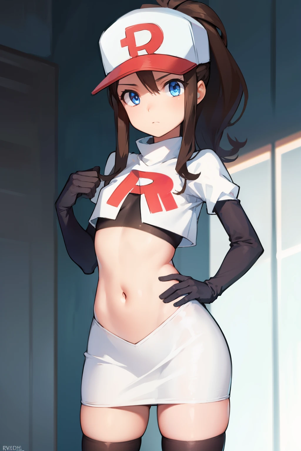 pokemonhilda, pokemonhilda, blue eyes, brown hair, long hair, ponytail, (small breasts:1.2),
BREAK baseball cap, hat, team rocket,team rocket uniform, red letter R, white skirt,white crop top,black thigh-highs,black elbow gloves
BREAK looking at viewer,
BREAK (masterpiece:1.2), best quality, high resolution, unity 8k wallpaper, (illustration:0.8), (beautiful detailed eyes:1.6), extremely detailed face, perfect lighting, extremely detailed CG, (perfect hands, perfect anatomy),