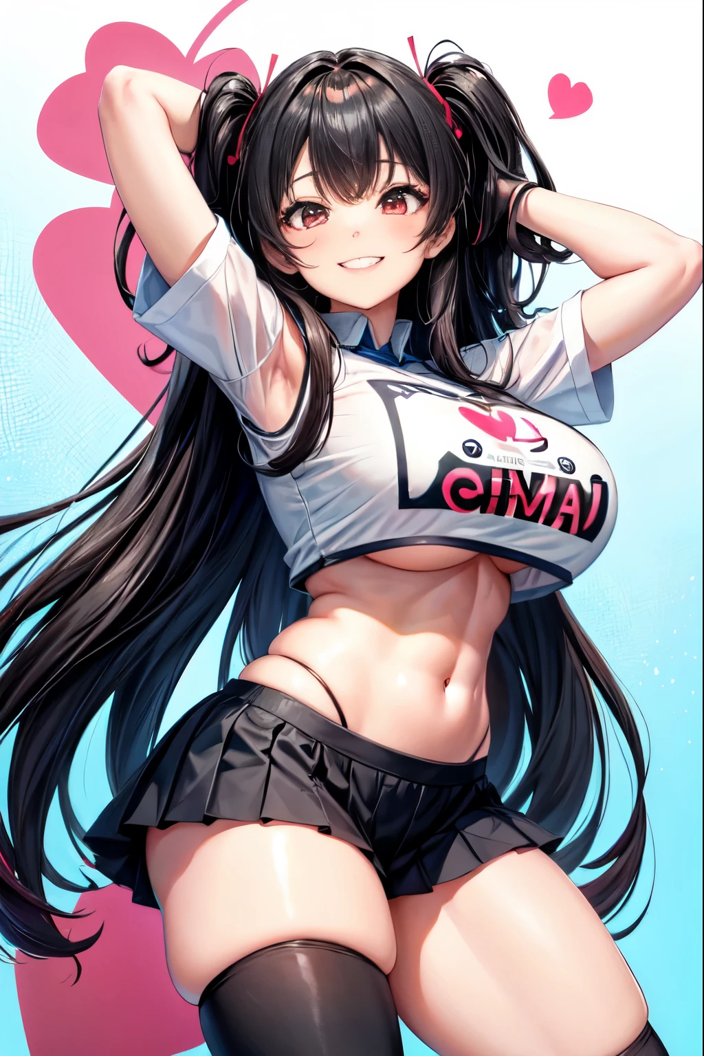 an anime girl with big , wearing a uniform standing on top of heart shaped stickers with the word senpai written under her, 1girl, breasts, solo, long hair, smile, heart, large breasts, grin, red eyes, navel, looking at viewer, bangs, black hair, armpits, midriff, two side up