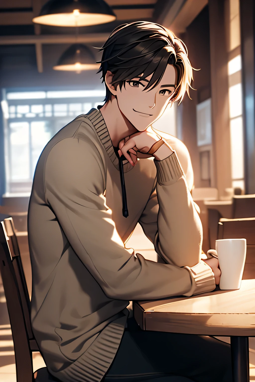 captura de tela do anime, cozy afternoon coffee, mesas aconchegantes, cadeiras aconchegantes, toalha, conical ceiling lightning, Estilo Manhwa, 1 PERSONAGEM, FOCO MASCULINO, olhando para o espectador, sentado, rosto apoiado no punho, sorridente, Winter Sweater, black pants