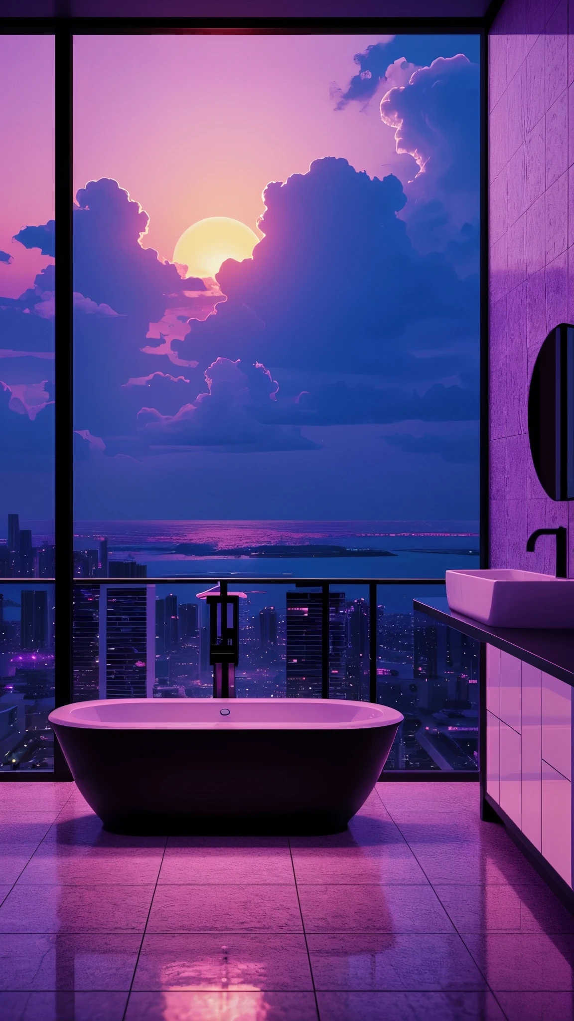 Dark solid purple and black tiled bathroom with a large jacuzzi tub and a view of the city, vaporwave aesthetics, synthwave aesthetic, vaporwave sunset, vaporwave mansion, purple aethetic, beautiful aesthetic, vaporwave aesthetic, lush paradise, 1 9 8 0 s aesthetic, 1980s aesthetic, lofi aesthetic, aesthetic!!!!!!!!, beautiful aesthetic design. 16K Render. Synthwave aesthetic.