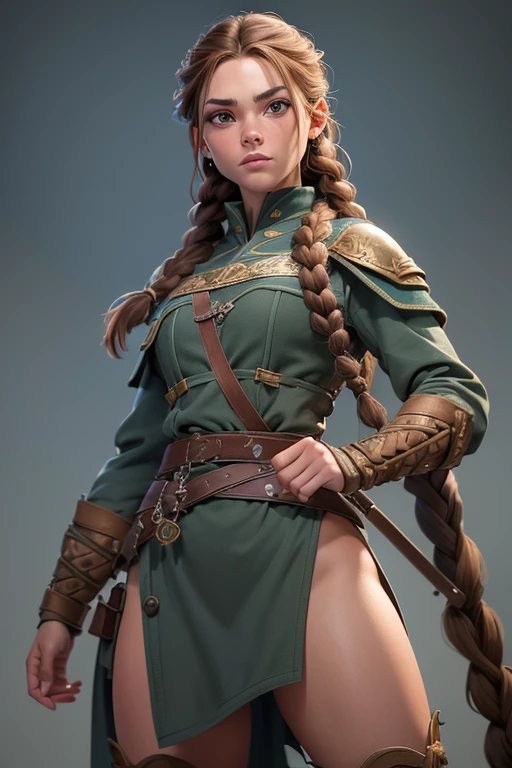 (Obra maestra, La mejor calidad) (young warrior woman of nordic descent), (combat position)  (ojos verdes), (Muscular), (falda de piel), (brown hair color),(loose hair with small braids on the scalp), (top con correa de cuero) plumas, capa sobre el hombro, bufas, (azul, gray and brown suit).