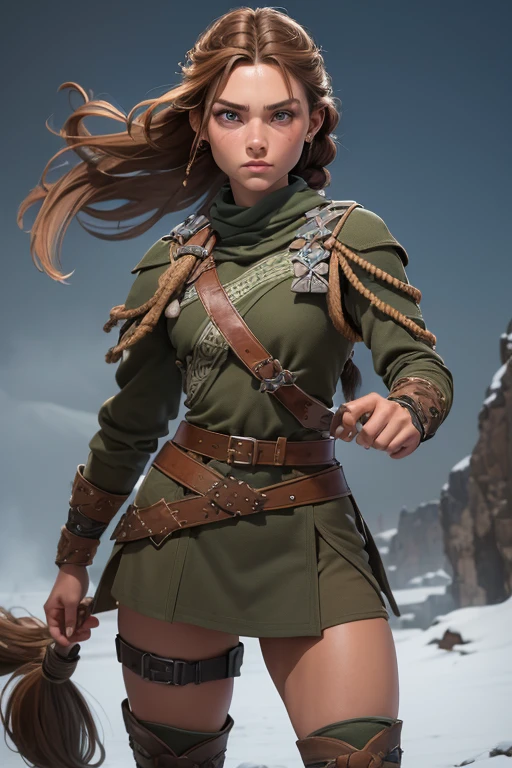 (Obra maestra, La mejor calidad) (young warrior woman of nordic descent), (combat position) (ojos verdes), (Muscular), (falda de piel), (brown hair color),(loose hair with small braids on the scalp), (top con correa de cuero) plumas, capa sobre el hombro, bufas, (azul, gray and brown suit).