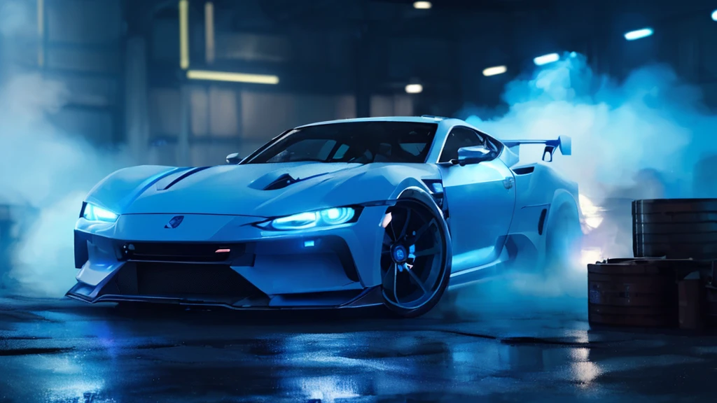 (white sports car, blue headlights, blue smoke), (blue cyberpunk warehouse, blue neon), (8k, extremaly detailed, lighting like a movie, lense flares)