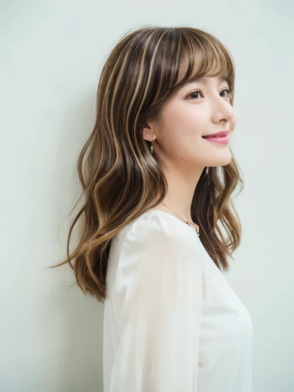 (White wall on background、hair with highlights:1.4)、30 generation women、put mesh in hair、blonde and brown hair color、((long sleeve blouse))、Taken in front of the white door、(white wall room with window)、(8K、Live shooting、highest quality、masterpiece:1.2)、High-definition RAW color photo、professional photos、(real、フォトreal:1.37)、Shot in natural light、1 girl、A sloppy smile、(various poses)、necklace、(Beautiful profile:1.3)、Don't look at the camera、profile、medium hair、bob hair、shoulder-length hair、Eye color is dark brown、(Beautiful profile:1.3)、correct hand of human body、pastel clothing、correct state of the human body、natural color lip、Shot in well-lit areas