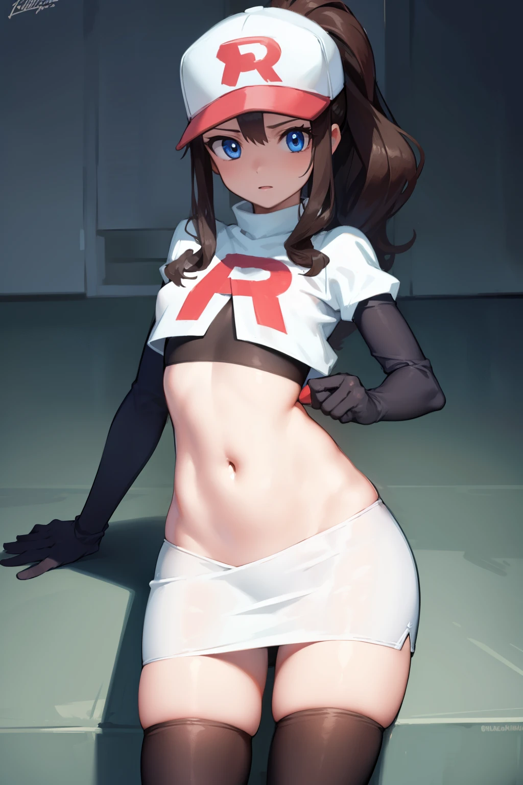pokemonhilda, pokemonhilda, blue eyes, brown hair, long hair, ponytail, (small breasts:1.2),
BREAK baseball cap, hat, team rocket,team rocket uniform, red letter R, white skirt,white crop top,black thigh-highs,black elbow gloves
BREAK looking at viewer,
BREAK (masterpiece:1.2), best quality, high resolution, unity 8k wallpaper, (illustration:0.8), (beautiful detailed eyes:1.6), extremely detailed face, perfect lighting, extremely detailed CG, (perfect hands, perfect anatomy),