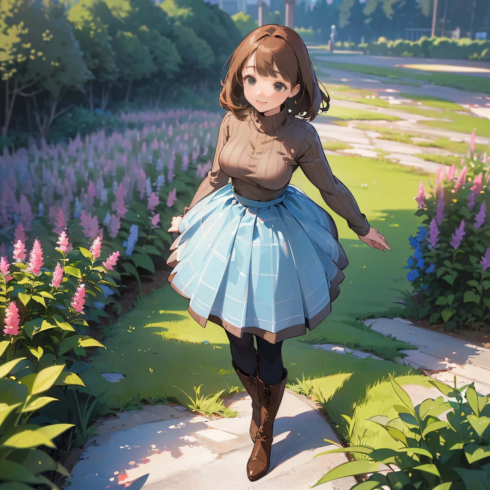 (high quality, high resolution, Super detailed, Reality:1.37), peaceful atmosphere, (outdoor, garden), Teenage girl standing alone, (My breasts are big.), Beautiful detailed features, cute smile, (brown bob hair), ribbed sweater, blue plaid skirt, Black tights, brown boots.