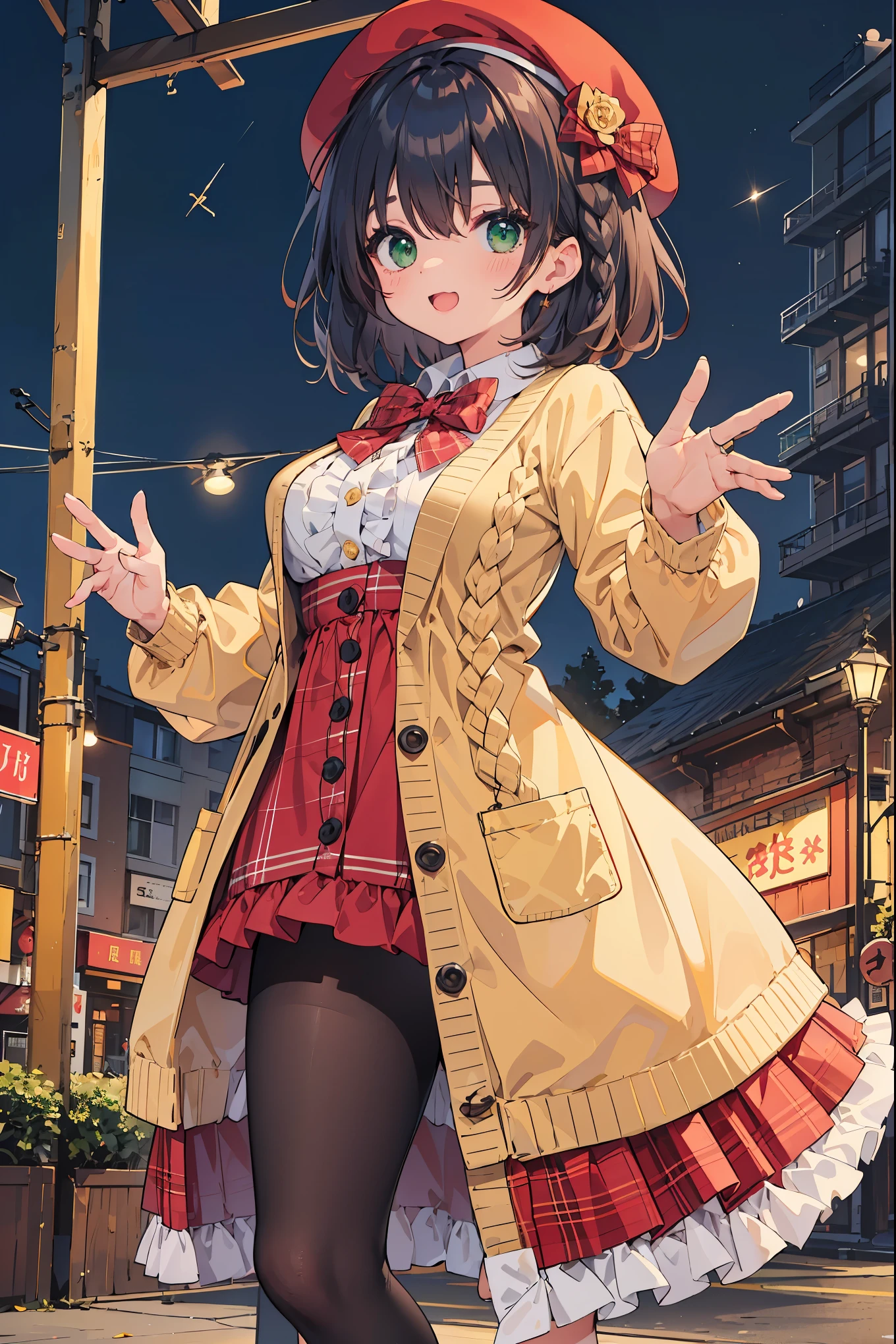 super insane detail、disorganized、ultra high resolution、super detail、highest quality、 1 girl、solo、nice hands、perfect hand-made (Vintage style beret with flower pin:1.3)、(navy&Red Plaid Dress:1.5)、(Gold buttons on the front:1.2)、(frills、red bow tie、Ivory blouse:1.4)、(peach cardigan、cable knit patterns:1.3)、(black tights denier20:1.1)、(red mary jane shoes:1.2) best smile、open your mouth、wave your mouth、 Awesome pose、cowboy shot、slender、Look straight ahead with shining eyes、cute、symmetrical face、超cute女の子、超cute顔、Ultra-fine eyes、super cute hair、超cute、Super beautiful、 stylish clothing design、Super famous theme park、Central Street、crowd、attraction、 big breasts、soft swaying breasts、BREAK (medium hair、Braid、silky smooth hair、dark green eyes)、hair between eyes