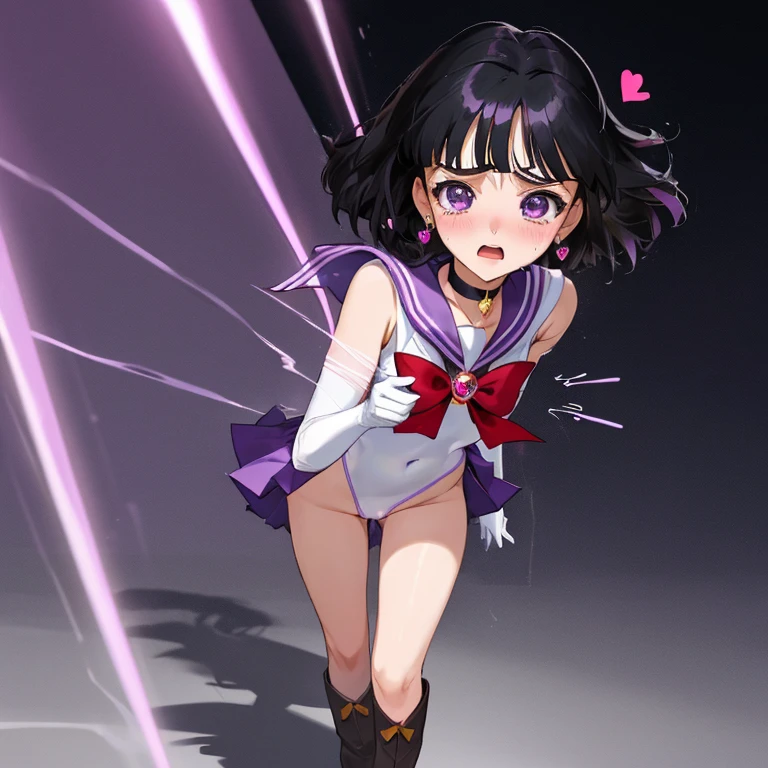 {{{{sailor saturn}}}}, {sailor senshi uniform},
{{{{amazing quality, great quality, high quality, very aesthetic, aesthetic, best quality}}}},
realistic, photo, shadow, Three-dimensional, absurdres, Digital art,
black hair, short hair, trimmed hair, shiny hair, blunt bangs, short sideburns,
{{flat chest}}, {{small breasts}}, {{detailed body}}, slim thighs, thin thighs, ,
purple eyes, big eyes, round eyes, tareme, both shoulders expose, covered navel,
white leotard, purple sailor collar, purple skirt, white elbow gloves, white gloves, purple boots,
purple choker, jewelry, heart brooch, red bow tie, red butt ribbon,
beautiful girl, one girl, cute, pretty, lovely, charming, teenage, ka, younger sister,
dynamic composition, distress, resistance, defeat, inferiority, absurdres, aroused, sexual pleasure, troubled face, shy, orgasm, sensitive body, trembling, t, Multiple lewd beasts tears the girl's clothes,