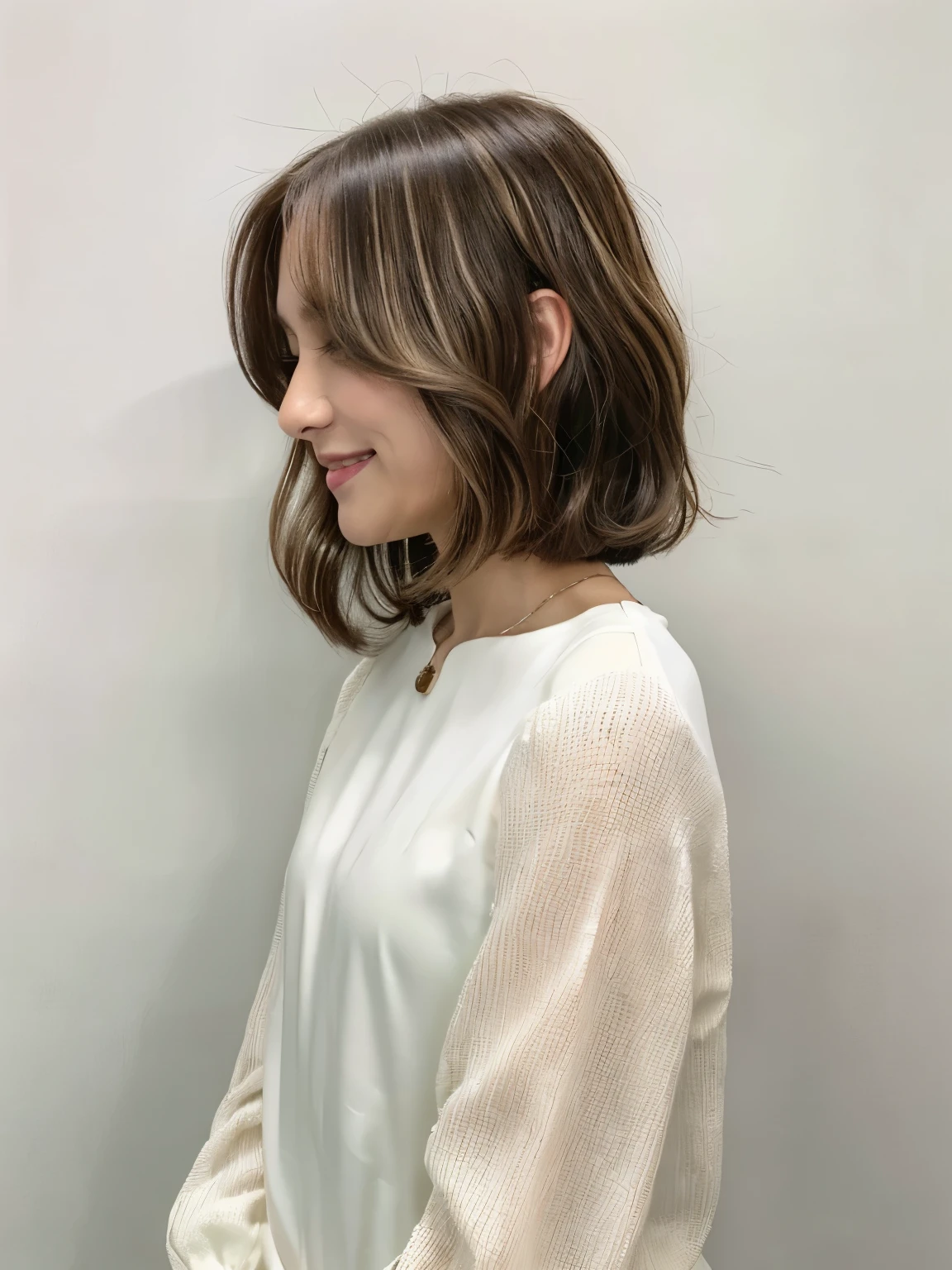 (White wall on background、hair with highlights:1.4)、30 generation women、put mesh in hair、blonde and brown hair color、((long sleeve blouse))、Taken in front of the white door、(white wall room with window)、(8K、Live shooting、highest quality、masterpiece:1.2)、High-definition RAW color photo、professional photos、(real、フォトreal:1.37)、Shot in natural light、1 girl、A sloppy smile、(various poses)、necklace、(Beautiful profile:1.3)、Don't look at the camera、profile、medium hair、bob hair、shoulder-length hair、Eye color is dark brown、(Beautiful profile:1.3)、correct hand of human body、pastel clothing、correct state of the human body、natural color lip、Shot in well-lit areas