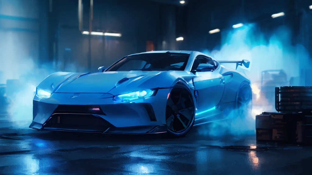 (white sports car, blue headlights, blue smoke), (blue cyberpunk warehouse, blue neon), (8k, extremaly detailed, lighting like a movie, lense flares)