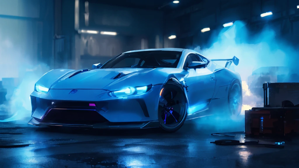 (white sports car, blue headlights, blue smoke), (blue cyberpunk warehouse, blue neon), (8k, extremaly detailed, lighting like a movie, lense flares)