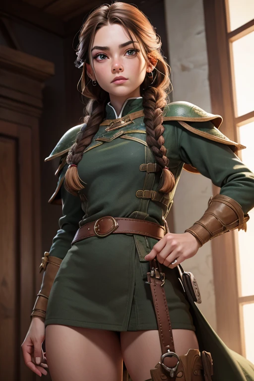 (Obra maestra, La mejor calidad) (young warrior woman of nordic descent), (combat position) (ojos verdes), (Muscular), (falda de piel), (brown hair color),(loose hair with small braids on the scalp), (top con correa de cuero) plumas, capa sobre el hombro, bufas, (azul, gray and brown suit).