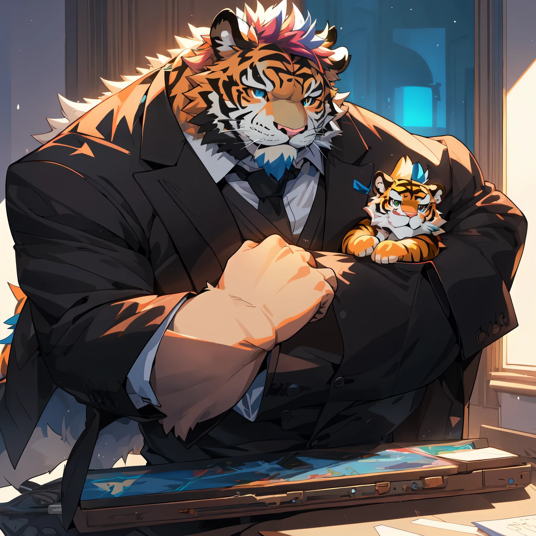 anime character dressed in a suit and tie with a tiger on his arm, (SFW) Work, Jazz and Ross Draw, Popular topics on artstation pixiv, on pixiv, high resolution committee, guys, tiger_beast, pixiv contest winners, Detailed digital animation art, pixiv style, High quality fan art, anthropomorphic tiger