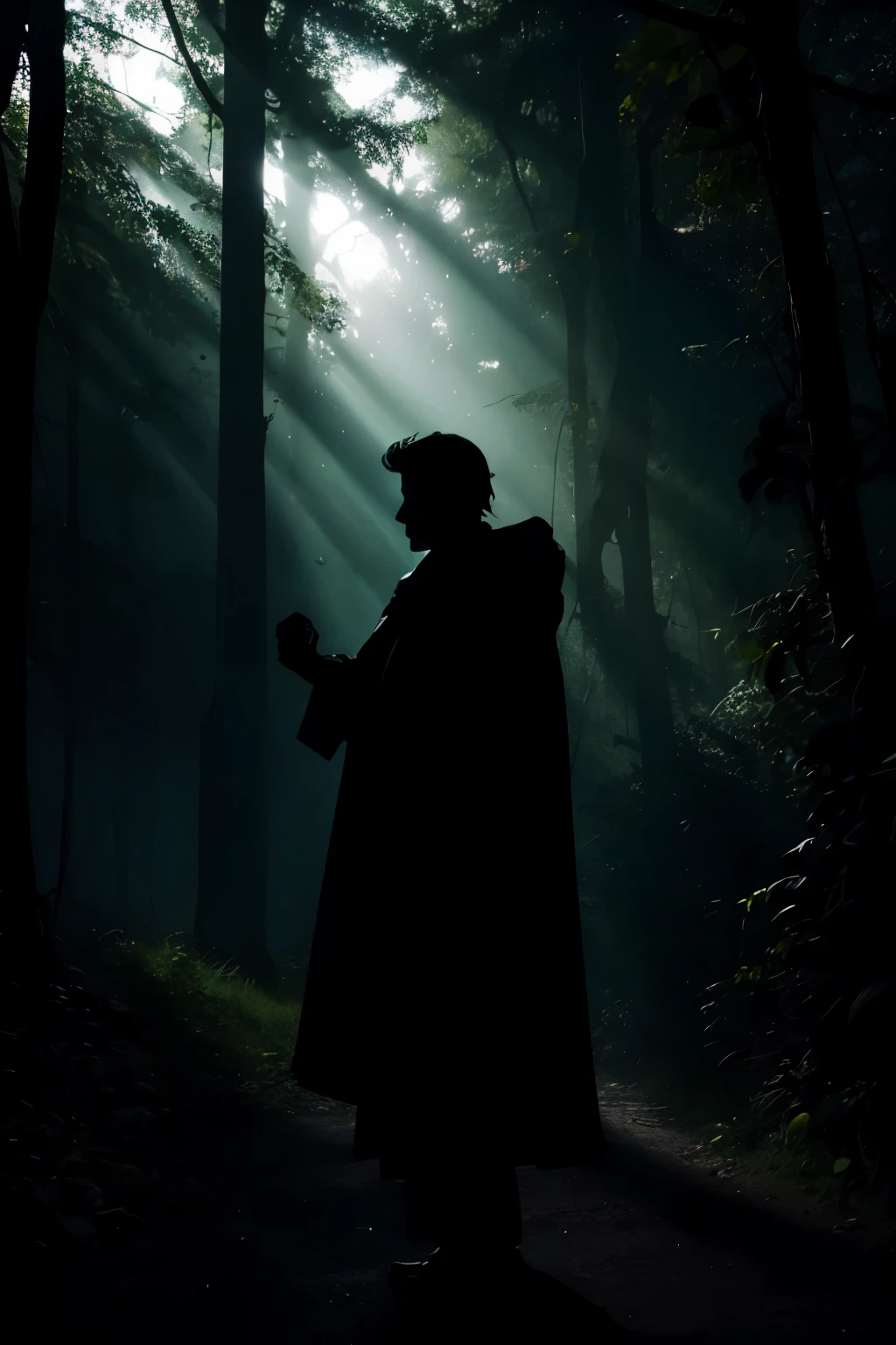 shadow silhouette of a hermit man with plants in his hands in a forest in the middle of the night, silhouette without lighting, shadow silhouette in darkness, silhueta de jazz, sombra em uma floresta. sombra sem corpo, sem rosto, sombra silhueta, silhueta sombria dentre arvores, silhueta de uma pessoa nas sombras