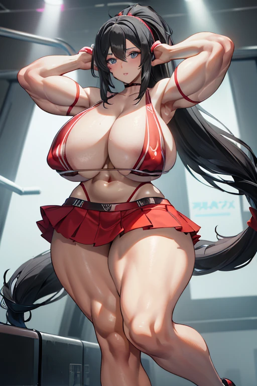 Best quality,8K,ultra high res:1.5),(Pretty very very long ponytail hair tied with red ribbon girl),(Huge breasts:1.20),(very voluptuous body),(very voluptuous thigh),(body builder girl:1.5),(wide muscle:1.8),(light smile),(eyes to camera),(light black hair),(red bra),(red short skirt),(nipples),(sexy abdominal muscles),(running),(black shoes),(nipples),(blue eye ball),(naked),(bouncing )