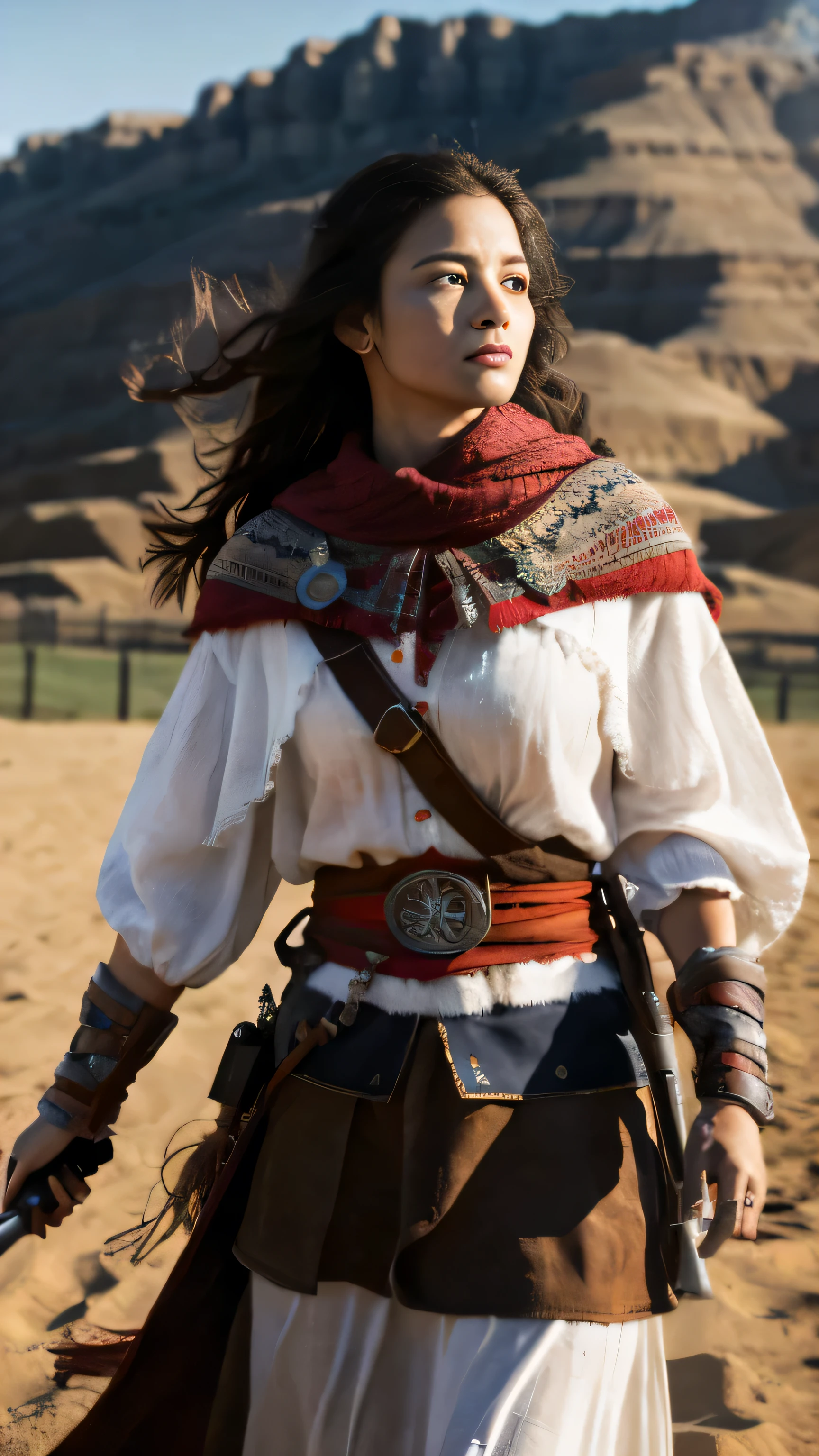 Portrait of a warrior woman stands in front of horse, Assassin's Creed game, photo realistic, post apocalypt