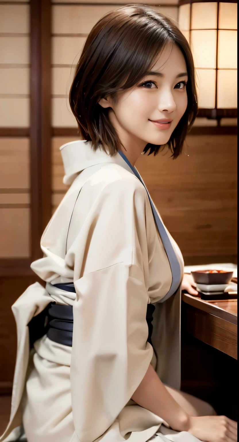 Photorealistic beautiful female student、18-year-old、smile、amazingly beautiful、Extremely high quality transparency、beautiful body、(highest quality、8K、32K、masterpiece、nffsw:1.3)、ultra high resolution,(Photoreal:1.4),RAW photo, detailed face,,beautiful hair, ((Doctor Style)), ,very short hair 、very short hair、clean breasts、amazingly beautiful二重まぶた、 natural makeup,, small perfect breasts, wet hair、detailed background, perfect lighting, Depth of written boundary, beautiful shadow gradation、thin limbs、thin thighs、((whole body))、((kimono、kimono))、wet body、((Japanese Restaurant、日本のsushi屋、table、sushi、seat))、Beautiful and slim perfect body、beautiful high nose、Trimmed thin pubic hair、How many clothes seen from the side