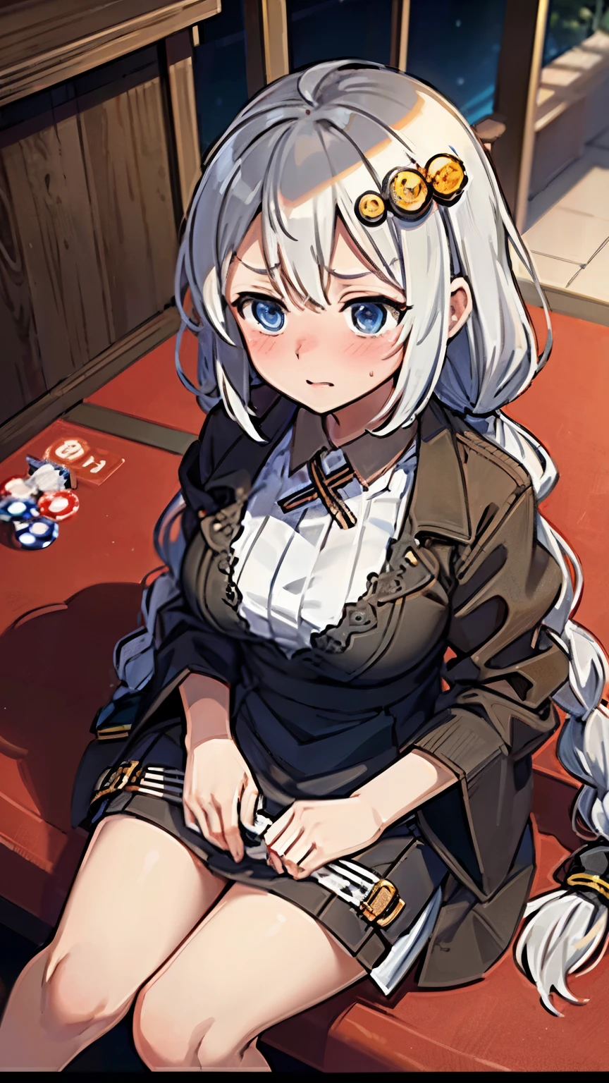masterpiece,best quality,highres,ultra-detailed,aakari,blue eyes,long hair,ahoge,bangs,twin braids,hair ornament,clerk,casino,embarrassed,blush,sitting,