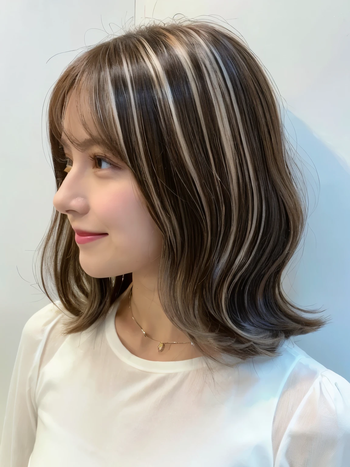 (White wall on background、hair with highlights:1.4)、30 generation women、put mesh in hair、blonde and brown hair color、((long sleeve blouse))、Taken in front of the white door、(white wall room with window)、(8K、Live shooting、highest quality、masterpiece:1.2)、High-definition RAW color photo、professional photos、(real、フォトreal:1.37)、Shot in natural light、1 girl、A sloppy smile、(various poses)、necklace、(Beautiful profile:1.3)、Don't look at the camera、profile、medium hair、bob hair、shoulder-length hair、Eye color is dark brown、(Beautiful profile:1.3)、correct hand of human body、pastel clothing、correct state of the human body、natural color lip、Shot in well-lit areas