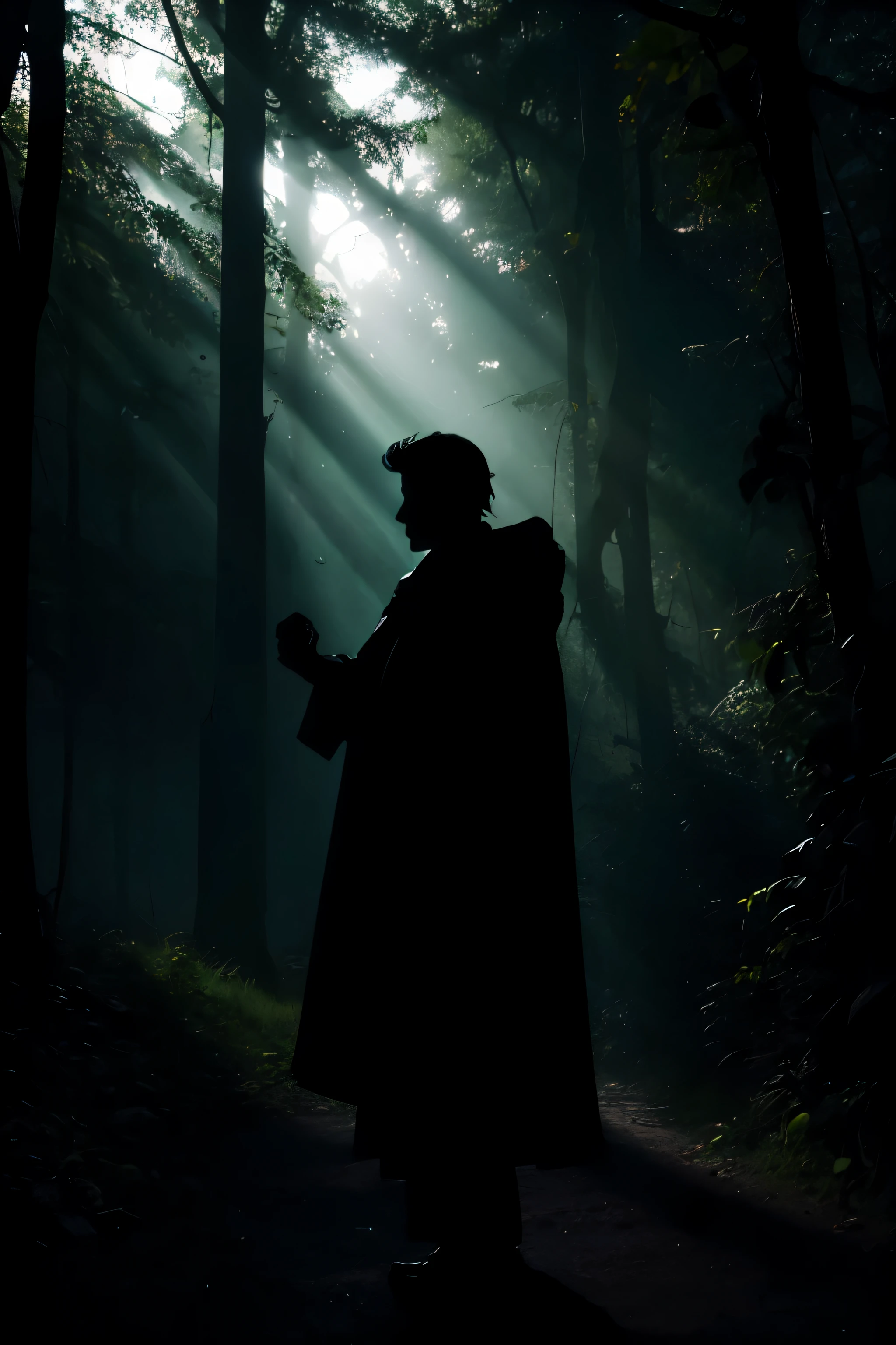 shadow silhouette of a hermit man with plants in his hands in a forest in the middle of the night, silhouette without lighting, shadow silhouette in darkness, silhueta de jazz, sombra em uma floresta. sombra sem corpo, sem rosto, sombra silhueta, silhueta sombria dentre arvores, silhueta de uma pessoa nas sombras