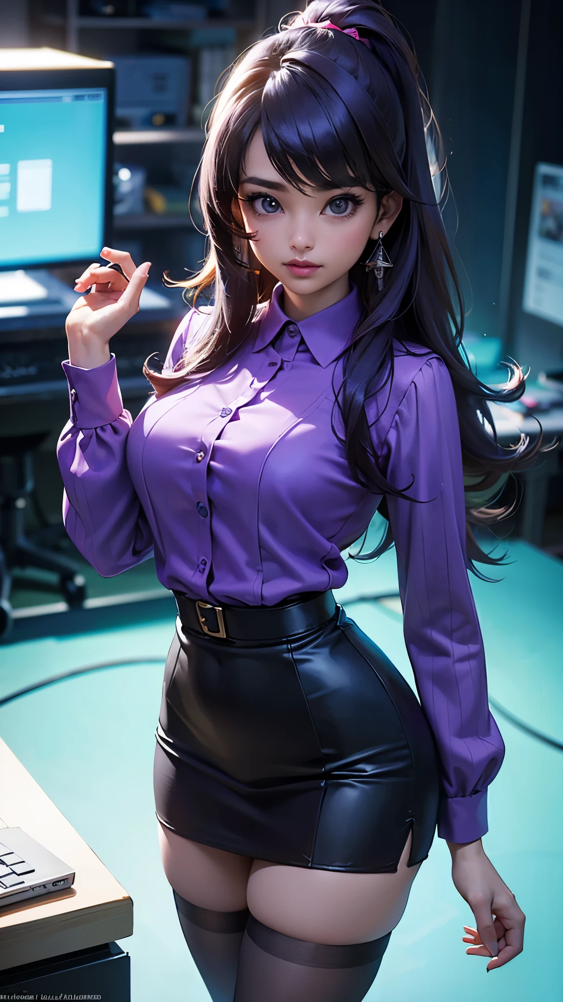 (La mejor calidad,A high resolution,Ultra - detallado,actual),Ariana Grande  secretarial outfit comprising; blue pinstripe shirt/blouse, (contrasting orange mini skirt), matching lacey bra and briefs/panties lingerie set, blue glossy tights/pantyhose,(fondo Oficina de lujoso con hojas grandes:1.4), ,More detailed 8K.motor irreal:1.4,UHD,La mejor calidad:1.4, fotorrealista:1.4, textura de la piel:1.4, obra maestra:1.8,obra-prima, mejor calidad,objeto Objeto], (detailed face features:1.3),(Las proporciones correctas),(convexo Dedos detallados)，(Medias  violeta:1.4),(Ojos hermosos azules),( pose vaquero), (fondo Oficina escritorio computadora futuristic:1.4), (ciberpunk:1.4)