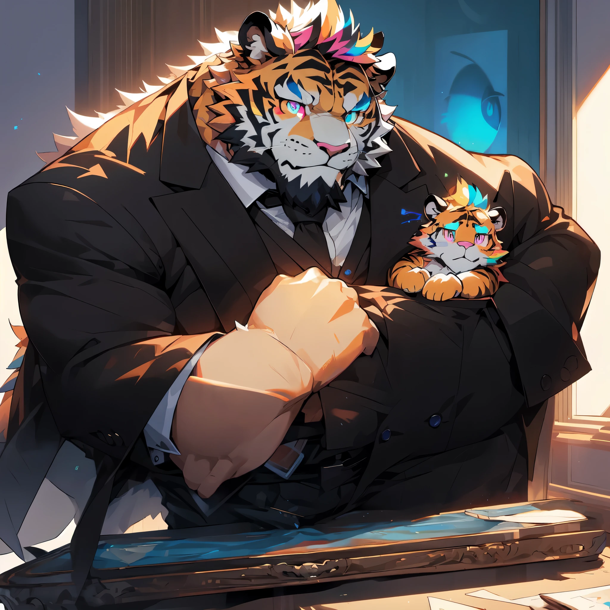 anime character dressed in a suit and tie with a tiger on his arm, (SFW) Work, Jazz and Ross Draw, Popular topics on artstation pixiv, on pixiv, high resolution committee, guys, tiger_beast, pixiv contest winners, Detailed digital animation art, pixiv style, High quality fan art, anthropomorphic tiger