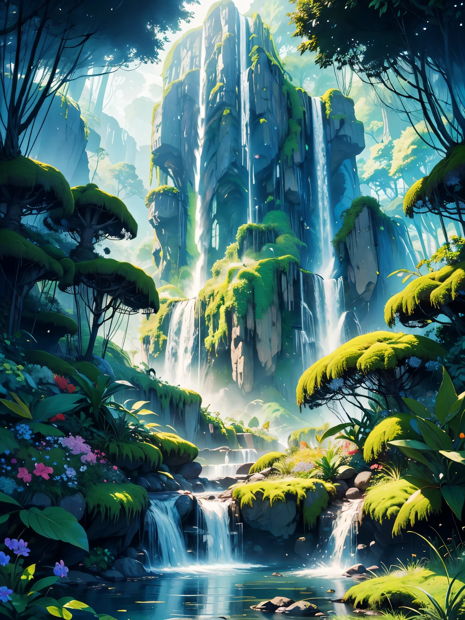 Waterfall conveys four adventurers natural fantasy landscape fairy green, golden ratio, animated detail, delicate, QuixelMegascans trend, perfect image, super high resolution, perfect composition, detailed, super color, (high detail skin: 1.2), 8k ultra high definition, DSLR camera, soft lighting, high quality, film grain, Fujifilm XT3