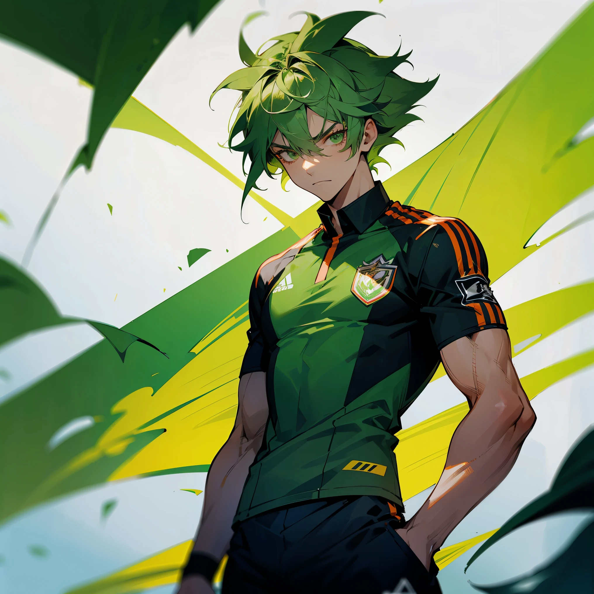Green Hair , Messy Hair  , Green Hair , Red Soccer Jersey , Standing on soccer field , 1male , Muscular , Serious Expression , Young Male