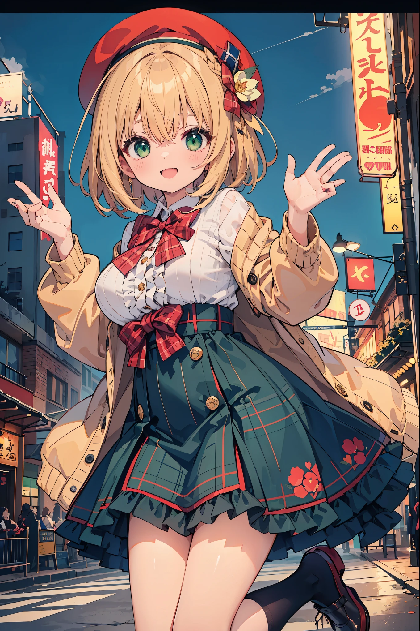 super insane detail、disorganized、ultra high resolution、super detail、highest quality、 1 girl、solo、nice hands、perfect hand-made (Vintage style beret with flower pin:1.3)、(navy&Red Plaid Dress:1.5)、(Gold buttons on the front:1.2)、(frills、red bow tie、Ivory blouse:1.4)、(peach cardigan、cable knit patterns:1.3)、(black tights denier20:1.1)、(red mary jane shoes:1.2) best smile、open your mouth、wave your mouth、 Awesome pose、cowboy shot、slender、Look straight ahead with shining eyes、cute、symmetrical face、超cute女の子、超cute顔、Ultra-fine eyes、super cute hair、超cute、Super beautiful、 stylish clothing design、Super famous theme park、Central Street、crowd、attraction、 big breasts、soft swaying breasts、BREAK (medium hair、Braid、silky smooth hair、dark green eyes)、hair between eyes
