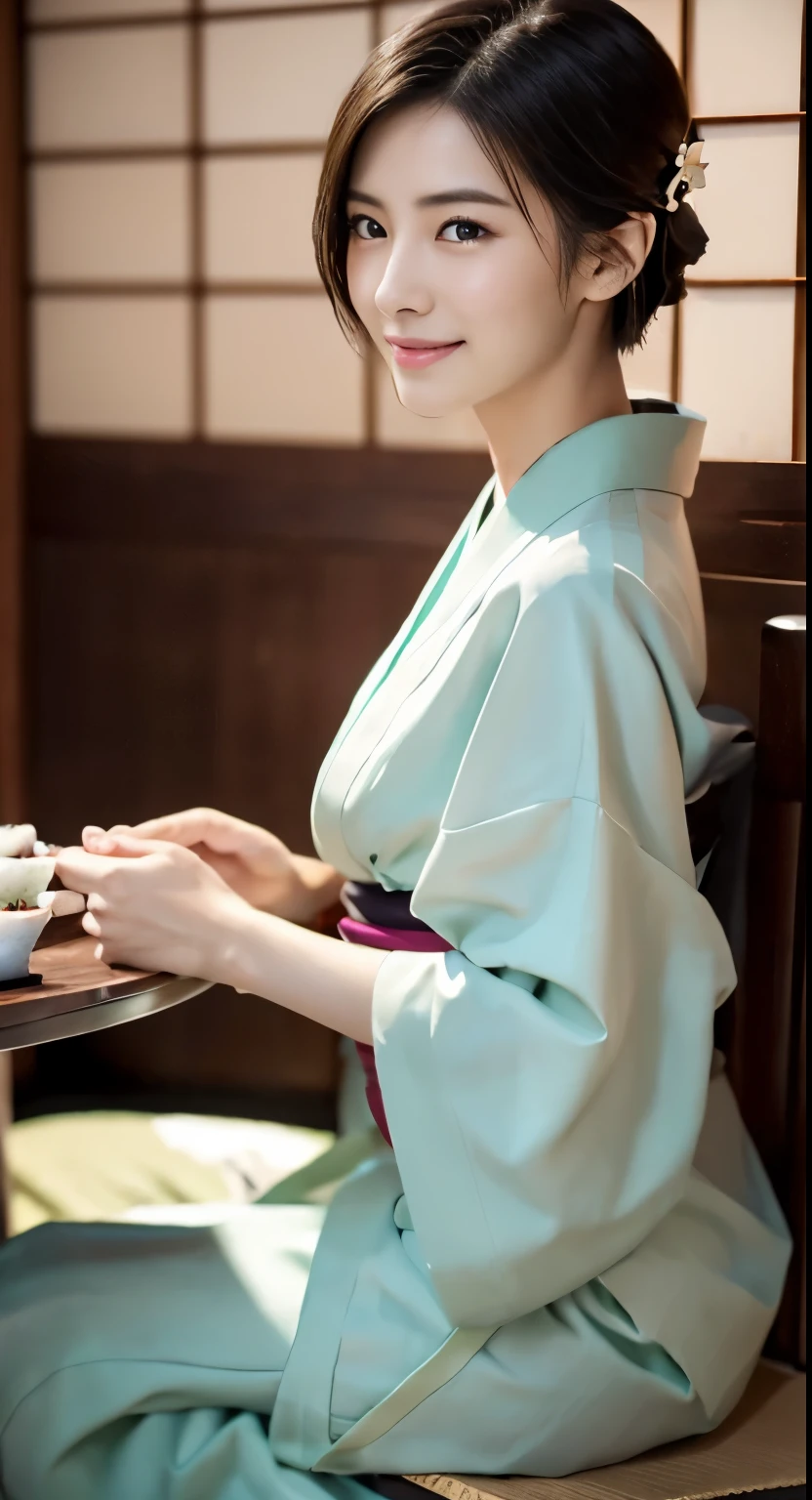 Photorealistic beautiful female student、18-year-old、smile、amazingly beautiful、Extremely high quality transparency、beautiful body、(highest quality、8K、32K、masterpiece、nffsw:1.3)、ultra high resolution,(Photoreal:1.4),RAW photo, detailed face,,beautiful hair, ((Doctor Style)), ,very short hair 、very short hair、clean breasts、amazingly beautiful二重まぶた、 natural makeup,, small perfect breasts, wet hair、detailed background, perfect lighting, Depth of written boundary, beautiful shadow gradation、thin limbs、thin thighs、((whole body))、((kimono、kimono))、wet body、((Japanese Restaurant、日本のsushi屋、table、sushi、seat))、Beautiful and slim perfect body、beautiful high nose、Trimmed thin pubic hair、How many clothes seen from the side