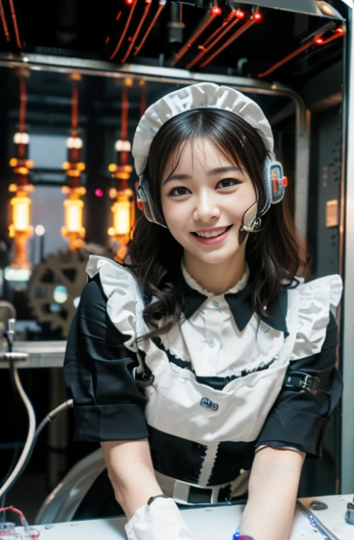 (8K、highest quality、masterpiece:1.2)、(realistic、Photoreal:1.37)、super detailed、surrealism、(1 Maid of humanoid Girl)、(((((maid)))))、anatomically correct、look at the camera、All mecha from the neck down、android、humanoid、cute、Clear face、solo、(nose redness)、(laughter:1.15)、beautiful eyes、Big eyes、(length:1.2)、floating hair nova frog style、brown hair、Machine body、Body cable、Pinnafor、(((((Gears on the surface of the body、Body valves on the surface of the body、Transistors on the surface of the main unit、Vacuum tubes on the surface of the body)))))、cyber punkした、electrical cables、((((retro future)))、Cyan LED、(((inside a spaceship)))、Stylish coffee shop with pink walls、(((Heavy machine、microchip、nffsw)))、(((((cyber punk)))))、(((((World of science fiction)))))