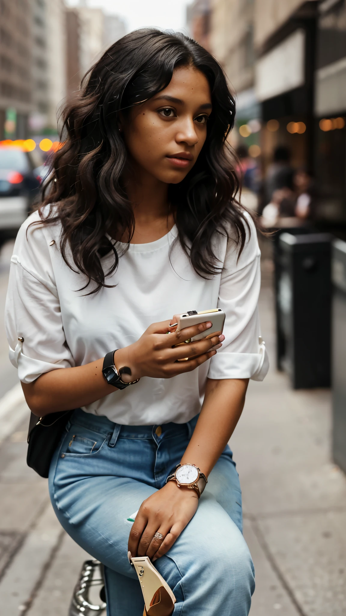 Create the image of a woman with dark Brazilian skin, "black curly hair," she must wear current clothes, such as "white blouse, jeans", accessories, "watch".
She is on a busy New York street