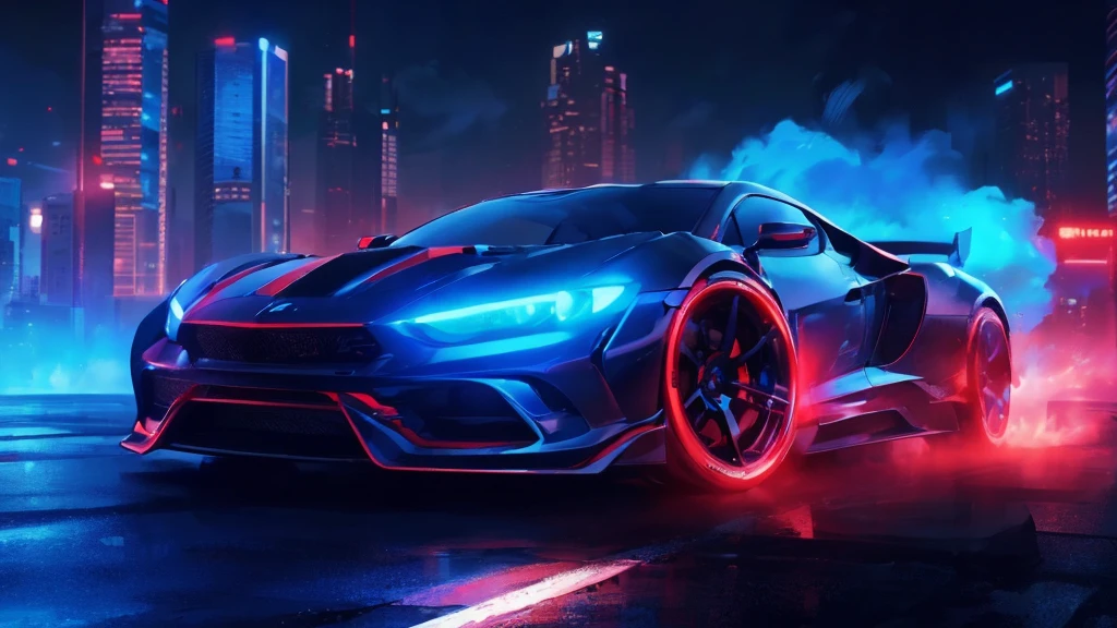 (black sports car, blue headlights, car racing, blue smoke), (blue and red cyberpunk city, blue and red neon, starry sky), (8k, extremaly detailed, lighting like a movie, lense flares)