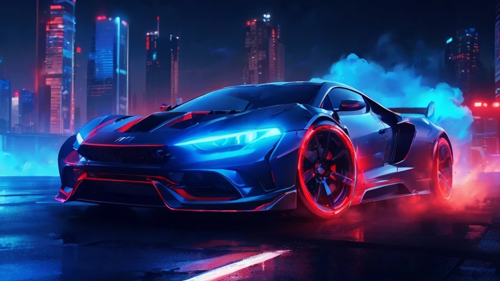 (black sports car, blue headlights, car racing, blue smoke), (blue and red cyberpunk city, blue and red neon, starry sky), (8k, extremaly detailed, lighting like a movie, lense flares)