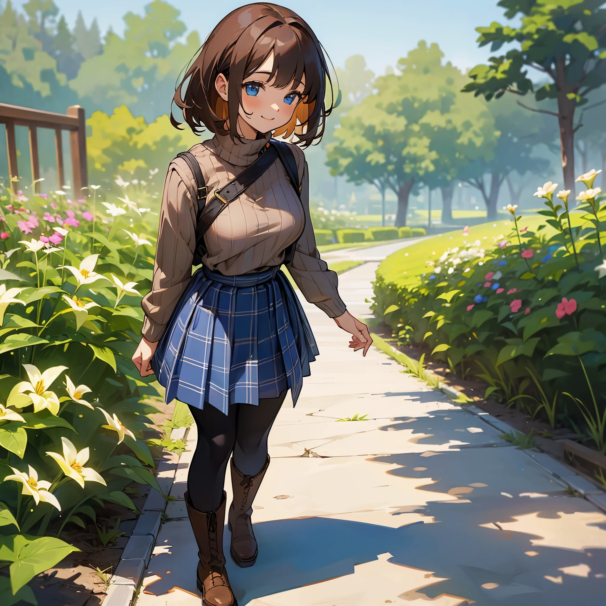 (high quality, high resolution, Super detailed, Reality:1.37), peaceful atmosphere, (outdoor, garden), girl standing alone, (My breasts are big.), Beautiful detailed features, cute smile, (brown bob hair), ribbed sweater, blue plaid skirt, Black tights, brown boots.