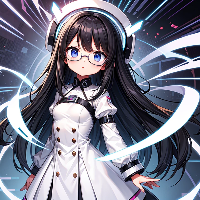 1 girl,long hair,white clothes,Expressionless,Scientific experiments,smaller breasts,Normal height,black hair,round glasses,Cyber Background