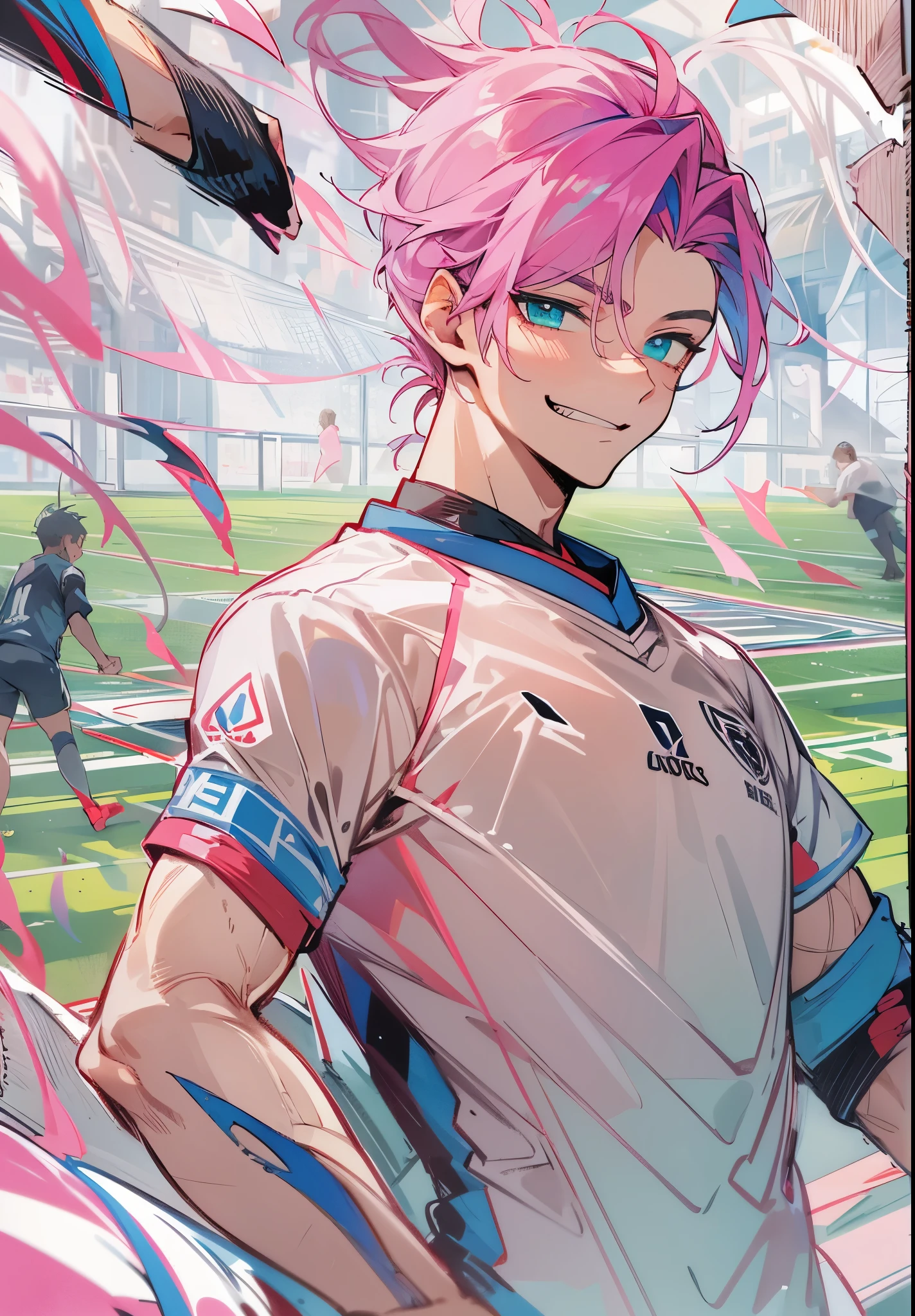 1male, Teen, Pink Hair, Short ponytail, green and blue eyes, heterochromia, Soccer Jersey, Muscular, Soccer field, Cocky Smirk