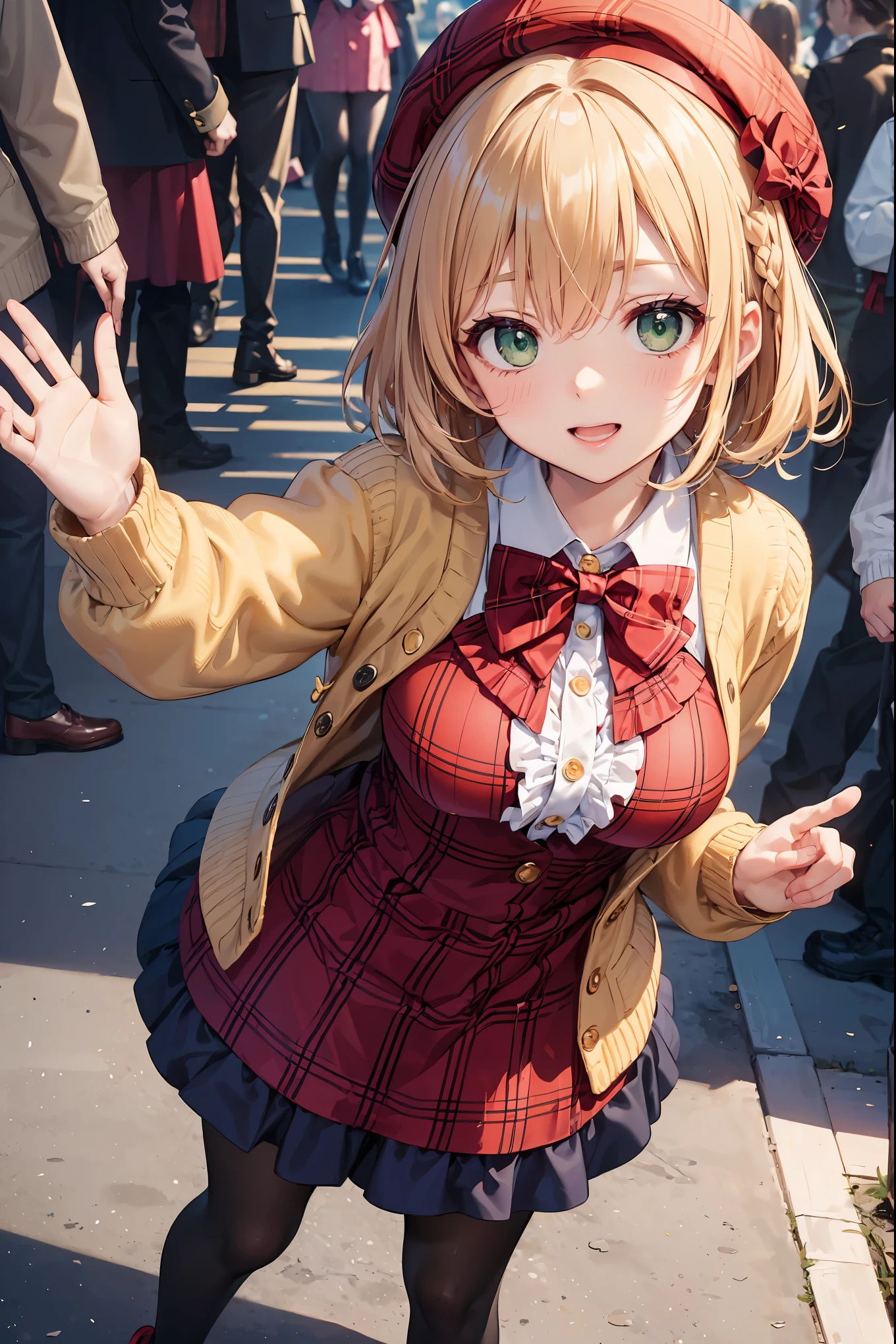 super insane detail、disorganized、ultra high resolution、super detail、highest quality、 1 girl、solo、nice hands、perfect hand-made (Vintage style beret with flower pin:1.3)、(navy&Red Plaid Dress:1.5)、(Gold buttons on the front:1.2)、(frills、red bow tie、Ivory blouse:1.4)、(peach cardigan、cable knit patterns:1.3)、(black tights denier20:1.1)、(red mary jane shoes:1.2) best smile、open your mouth、wave your mouth、 Awesome pose、cowboy shot、slender、Look straight ahead with shining eyes、cute、symmetrical face、超cute女の子、超cute顔、Ultra-fine eyes、super cute hair、超cute、Super beautiful、 stylish clothing design、Super famous theme park、Central Street、crowd、attraction、 big breasts、soft swaying breasts、BREAK (medium hair、Braid、silky smooth hair、dark green eyes)、hair between eyes