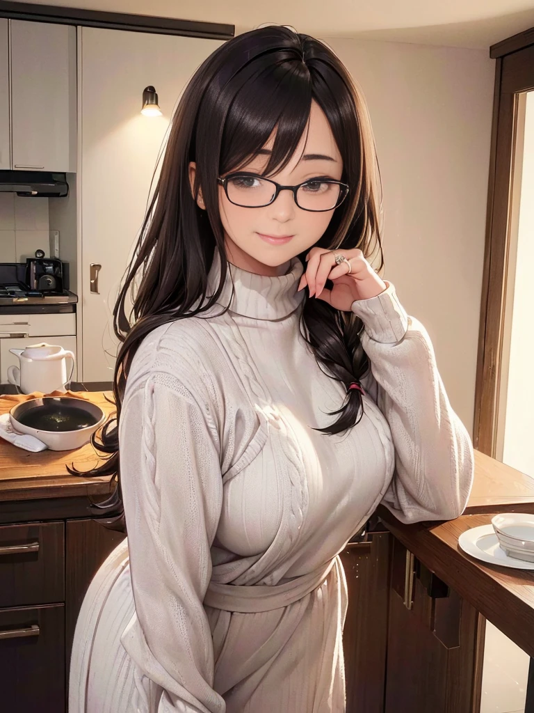 ((best quality,4k,8k,highres,masterpiece:1.2,ultradetailed,realistic,photorealistic,photo-realistic:1.37)),(1 japanese woman),(((A classy married woman who serves home-cooked meals))),Early thirties,Perfect face,(full body),(dark green hair,long hair:,center part hairstyle,gentle face,downturned eyes:1.5,Dark brown eyes,Black-rimmed glasses,wearing a marriage ring),(White knit sweater, Gray long skirt,loungewear,cooking apron),(smile),(Neat and clean,cheerful,married woman),look at viewer,The dining table in the living room of an apartment of wealthy people in Japan,(from front:1.6),(Plump)