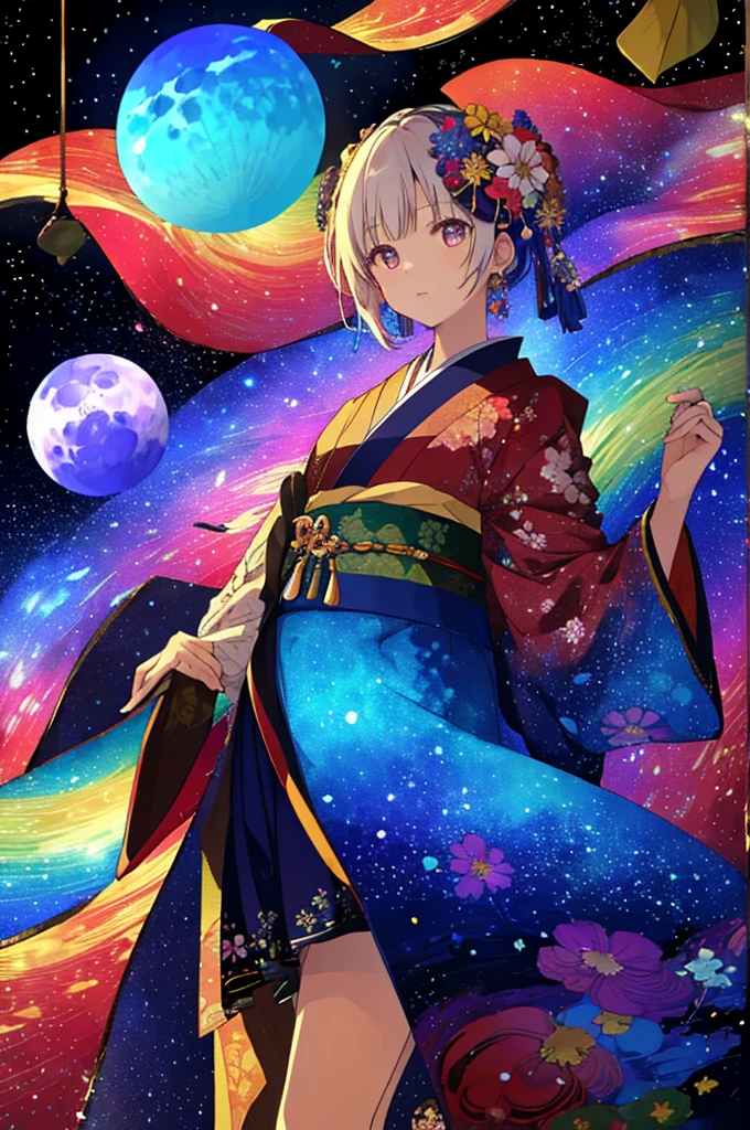 masterpiece、highest quality、High resolution。Stained glass、huge moon、In front of a Japanese-patterned background with colorful flowers in full bloom.、a girl dressed up。Wearing hair ornaments。Otome、Star Katyusha、Shiny eyes