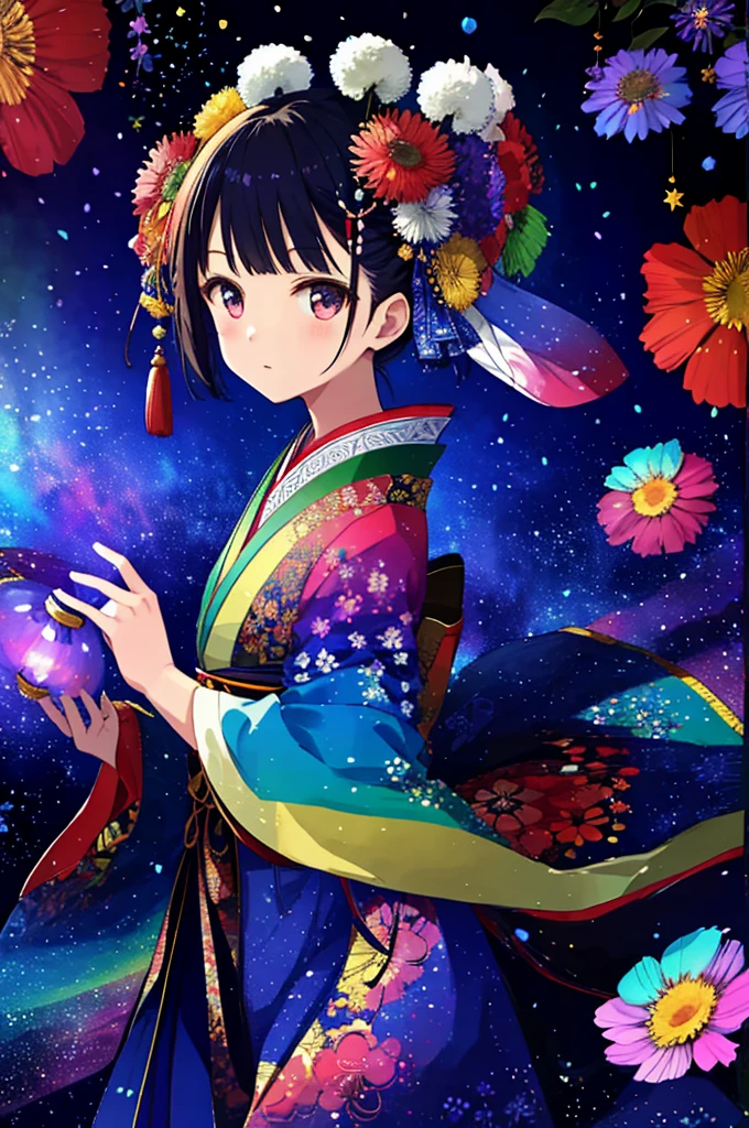 masterpiece、highest quality、High resolution。Stained glass、huge moon、In front of a Japanese-patterned background with colorful flowers in full bloom.、a girl dressed up。Wearing hair ornaments。Otome、Star Katyusha、Shiny eyes