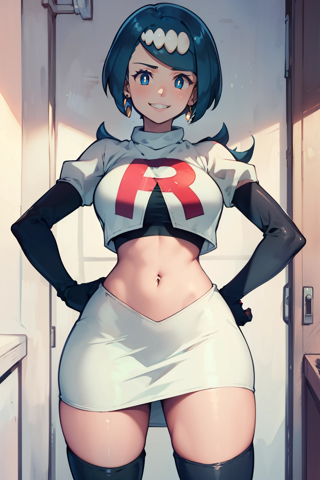 lanamother, long hair, blue hair, white pupils, hair ornament, ,earrings, glossy lips ,team rocket uniform, red letter R, white skirt,white crop top,black thigh-high boots, black elbow gloves, evil smile, hands on hips