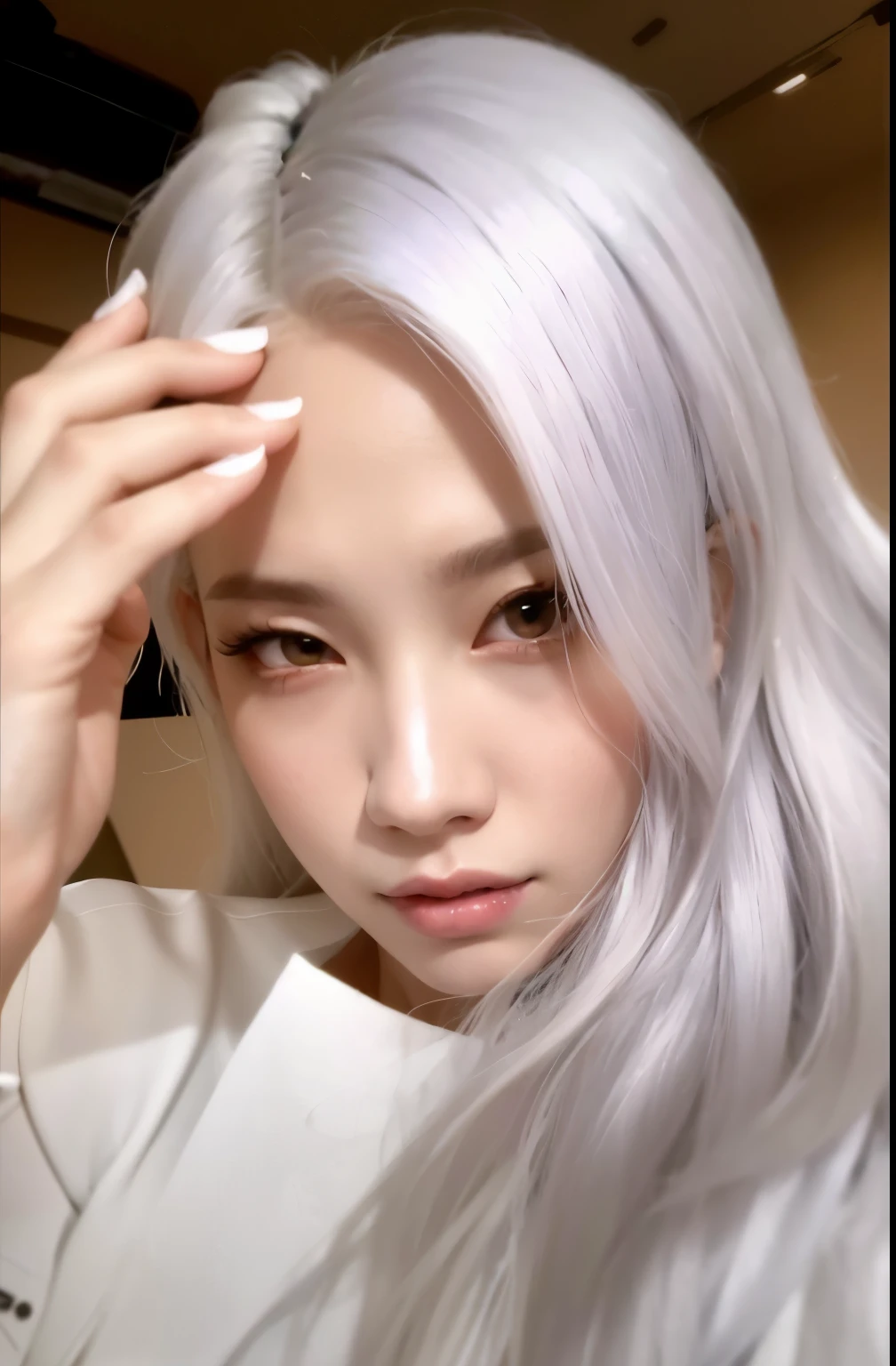arafed woman with long white hair and a white shirt, jossi of blackpink, her hair is white, portrait of jossi of blackpink, roseanne park of blackpink, white hair color, portrait jisoo blackpink, jisoo from blackpink, white-hair pretty face, jisoo of blackpink, pale hair, girl with white hair, silver white hair, wearing silver hair, jinyoung shin
